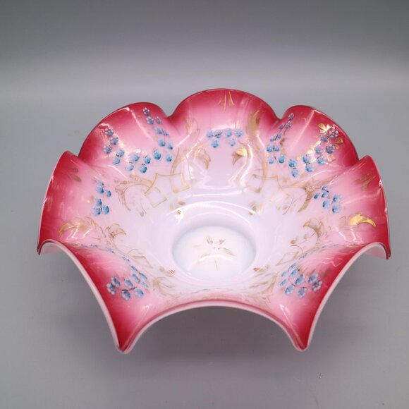 Antique Victorian Brides Basket Bowl Cranberry Pink White Cased Glass w/ Ruffles - Picture 4 of 8